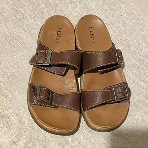 Woman's LLBean Cork Bed Brown Leather Slip Buckle Strap Sandals Size 7